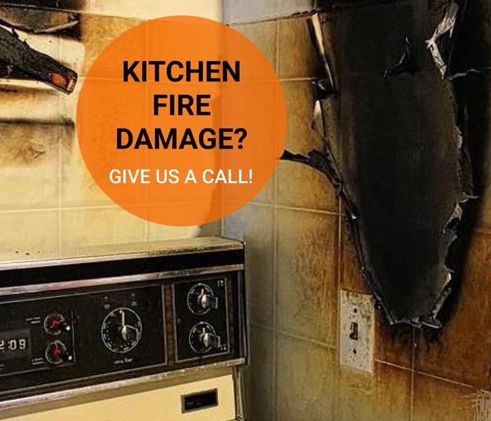 fire damage over a stove in a kitchen